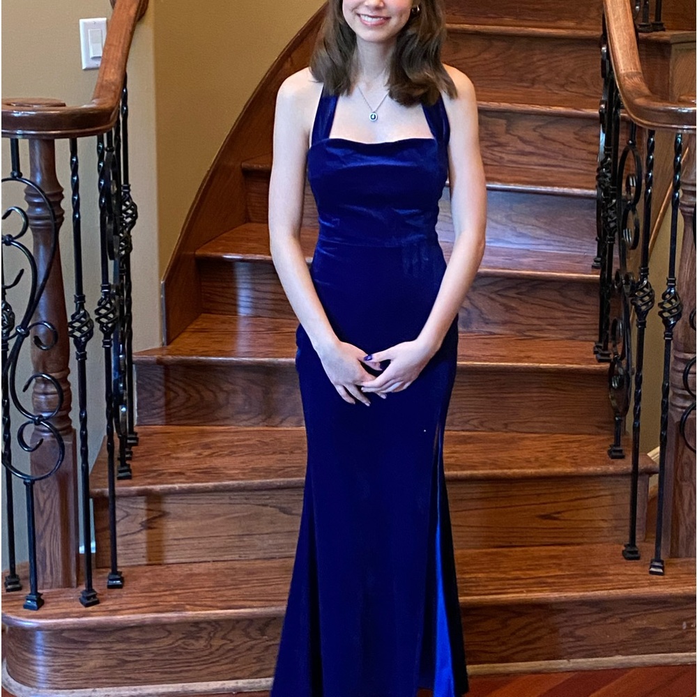 Lulus Enchanting Touch Royal Blue Velvet Halter Mermaid Maxi Dress sz XS